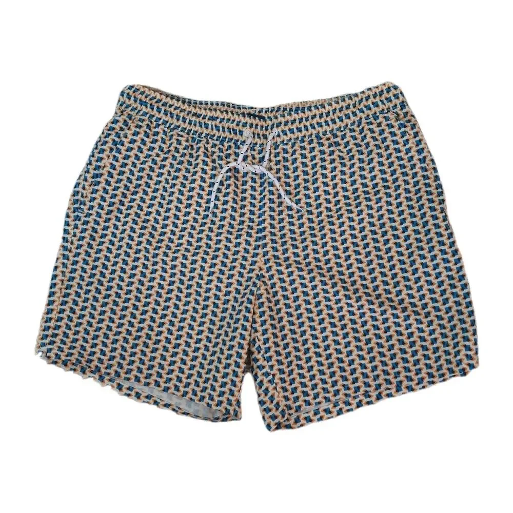 George Mens Swim Trunks L 36 38 Blue Orange Geometric Shorts Mesh Liner Quick...